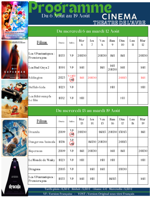 programme ciné du 06 au 19 Août